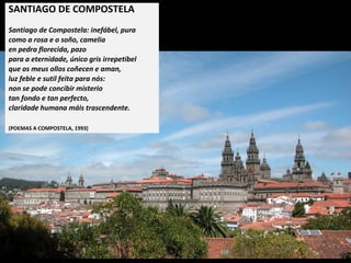 CANCIÓN DA
PONTE VELLA
 
A ponte Vella, ai amiga!,
é un soño namorado.
O Cabe, baixo os seus arcos,
vai silandeiro e pasmado.
Baixo os seus arcos o Cabe
vai pasmado e silandeiro
e reflexa nas súas ondas
o soño máis verdadeiro.
O soño máis verdadeiro
de cantería e pureza,
coa consistencia da pedra
e o inefábel da beleza!
…e o inefábel da beleza
que se sente e non se sabe:
na maxia da Ponte Vella
sobor das ondas do Cabe!
(CANCIONEIRO DE
MONFORTE DE LEMOS, 1990)
 