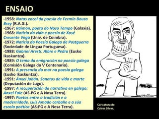 -1992: Cando o mar foi polo río.
-1992: Novos Contos para nenos.
-1994: Viaxes e vagancias de M.P.
-1995: Novena a Santa Isabel, por un devoto de Outeiro de Rei.
-1997: As ribeiras son escuras.
-2003: Historias do empardecer.
-2003: O bigote de Mimí.
-2004: Ensaio histórico, biográfico e filosófico que parece un 
conto.
 