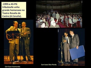 Manuel María tivo unha prolífica produción de
artigos xornalísticos ao longo de toda a súa vida
(1.425 artigos). Publicou en xornais e revistas
galegas e de fóra como Alba, El Ideal Gallego, El
Correo Gallego, El Progreso, Grial, A Nosa
Terra...
COLABORACIÓNS EN PRENSACOLABORACIÓNS EN PRENSA
Escolma de cincuenta e nove artigos de
pequeno formato publicados por
Manuel María en xornais e revistas
galegas desde o ano 1978 (Casa Museo
Manuel María, 2015).
Participou na refundación do
semanario A Nosa Terra no que
publicou a colección de artigos
Andando a terra (1977 a 1987)
co seudónimo de Manuel
Hortas Vilanova.
 