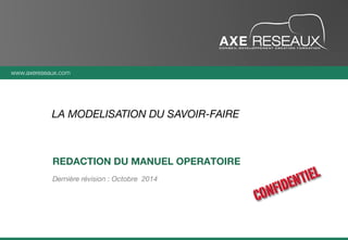 www.axereseaux.com
www.axereseaux.com
Dernière révision : Octobre 2014
REDACTION DU MANUEL OPERATOIRE
LA MODELISATION DU SAVOIR-FAIRE
 