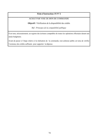74
Fiche d’instruction: FI N° 2
ACHAT PAR VOIE DE BON DE COMMANDE
Objectif : Vérification de la disponibilité des crédits
Réf : Principes de la comptabilité publique
Il est tenu, nécessairement, un registre des écritures comptables de toutes les opérations effectuées durant une
année budgétaire.
Avant de passer à l’étape relative à la réalisation de la commande, tout acheteur public est tenu de vérifier
l’existence des crédits suffisants pour supporter la dépense.
 