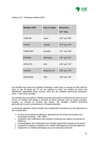 Tableau VII-1 : Quelques modèles GCM




              Modèles GCM             Pays d’origine      Résolution

                                                          Lat * long


              CCSR-98                 Japon               5.62° par 5.62°


              CGCM1                   Canada              3.75° par 3.75°


              CSIRO-Mk2               Australie           3.21° par 5.62°


              ECHAM4                  Allemagne           2.81° par 2.81°


              GFDL-R15                USA                 4.50° par 7.50°


              HadCM2                  Royaume Uni         2.50° par 3.75°


              NCAR-DOE                USA                 4.50° par 7.50°




Les échelles des sorties des modèles climatiques varient dans un espace de 200 à 600 km
avec un pas de temps de 15 min (en pratique le mois). Les sorties de pluies sont
difficilement exploitables (biais, erreurs), alors que les variables dynamiques (pressions,
vents,..) sont mieux simulées.

Les échelles pour les besoins d‟études d‟impacts sont plutôt de résolution de moins du km à
10 km, en fonction des études à conduire et même ponctuel, avec un temps journalier,
horaires, ou minutes en fonction des études ; les variables d‟intérêt concernent
généralement la pluie, la température et l‟évapotranspiration.

La démarche générale d‟étude d‟impact des changements climatiques sur les ressources en
eau consiste dans :

      le choix d‟une période de référence : généralement 30 années de données sont
       nécessaires (exemple : 1961-1990) ;
      l‟évaluation des modifications des variables climatiques par rapport à la période de
       référence ;
      la désagrégation des modifications aux échelles appropriées d‟espace et de temps ;
      l‟ajustement (calage et validation) d‟un modèle hydrologique à la période référence ;
      l‟application du modèle hydrologique au jeu de scénarios construits ;


                                                                                          121
 
