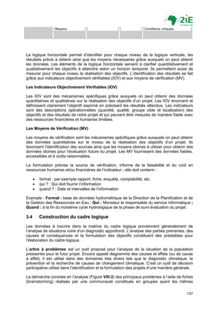 Moyens                                             Conditions critiques




La logique horizontale permet d‟identifier pour chaque niveau de la logique verticale, les
résultats précis à obtenir ainsi que les moyens nécessaires grâce auxquels on peut obtenir
les données. Les éléments de la logique horizontale servent à clarifier quantitativement et
qualitativement les objectifs à atteindre selon un horizon temporel. Ils permettent aussi de
mesurer pour chaque niveau la réalisation des objectifs. L‟identification des résultats se fait
grâce aux indicateurs objectivement vérifiables (IOV) et aux moyens de vérification (MV).

Les Indicateurs Objectivement Vérifiables (IOV)

Les IOV sont des mécanismes spécifiques grâce auxquels on peut obtenir des données
quantitatives et qualitatives sur la réalisation des objectifs d‟un projet. Les IOV énoncent et
définissent clairement l‟objectif exprimé en précisant les résultats attendus. Les indicateurs
sont des descriptions opérationnelles (quantité, qualité, groupe cible et localisation) des
objectifs et des résultats de notre projet et qui peuvent être mesurés de manière fiable avec
des ressources financières et humaines limitées.

Les Moyens de Vérification (MV)

Les moyens de vérification sont les mécanismes spécifiques grâce auxquels on peut obtenir
des données quantitatives sur le niveau de la réalisation des objectifs d‟un projet. Ils
favorisent l‟identification des sources ainsi que les moyens idoines à utiliser pour obtenir des
données idoines pour l‟évaluation future du projet. Les MV fournissent des données fiables,
accessibles et à coûts raisonnables.

La formulation précise la source de vérification, informe de la faisabilité et du coût en
ressources humaines et/ou financières de l‟indicateur ; elle doit contenir :

         format : par exemple rapport, fiche, enquête, comptabilité, etc.
         qui ? : Qui doit fournir l‟information
         quand ? : Date et intervalles de l‟information

Exemple : Format : base de données hydrométrique de la Direction de la Planification et de
la Gestion des Ressources en Eau ; Qui : Monsieur le responsable du service informatique ;
Quand : à la fin du troisième cycle hydrologique de la phase de suivi évaluation du projet.

3.4       Construction du cadre logique
Les données à inscrire dans la matrice du cadre logique proviennent généralement de
l‟analyse de situations voire d‟un diagnostic approfondi. L‟analyse des parties prenantes, des
causes et conséquences et la formulation des objectifs constituent des préalables pour
l‟élaboration du cadre logique.

L‟arbre à problèmes est un outil proposé pour l‟analyse de la situation de la population
pressentie pour le futur projet. Encore appelé diagramme des causes et effets (ou de cause
à effet), il est utilisé dans des domaines très divers tels que le diagnostic climatique, la
prévention et la recherche de causes de changement climatique. C‟est un outil de décision
participative utilisé dans l‟identification et la formulation des projets d‟une manière générale.

La démarche consiste en l‟analyse (Figure VIII-3) des principaux problèmes à l‟aide de fiches
(brainstorming) réalisée par une communauté constituée en groupes ayant les mêmes

                                                                                             137
 