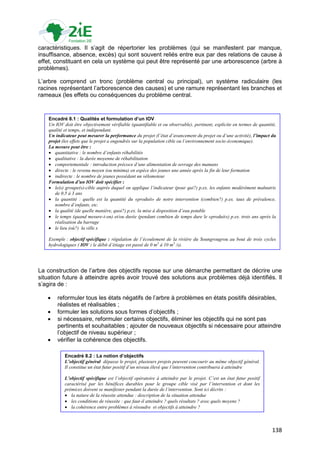 caractéristiques. Il s‟agit de répertorier les problèmes (qui se manifestent par manque,
insuffisance, absence, excès) qui sont souvent reliés entre eux par des relations de cause à
effet, constituant en cela un système qui peut être représenté par une arborescence (arbre à
problèmes).

L‟arbre comprend un tronc (problème central ou principal), un système radiculaire (les
racines représentant l‟arborescence des causes) et une ramure représentant les branches et
rameaux (les effets ou conséquences du problème central.


    Encadré 8.1 : Qualités et formulation d’un IOV
    Un IOV doit être objectivement vérifiable (quantifiable et ou observable), pertinent, explicite en termes de quantité,
    qualité et temps, et indépendant.
    Un indicateur peut mesurer la performance du projet (l’état d’avancement du projet ou d’une activité), l’impact du
    projet (les effets que le projet a engendrés sur la population cible ou l’environnement socio-économique).
    La mesure peut être :
     quantitative : le nombre d’enfants réhabilités
     qualitative : la durée moyenne de réhabilitation
     comportementale : introduction précoce d’une alimentation de sevrage des mamans
     directe : le revenu moyen (ou minima) en espèce des jeunes une année après la fin de leur formation
     indirecte : le nombre de jeunes possédant un vélomoteur
    Formulation d’un IOV doit spécifier :
     le(s) groupe(s)-cible auprès duquel on applique l’indicateur (pour qui?) p.ex. les enfants modérément malnutris
       de 0.5 à 3 ans
     la quantité : quelle est la quantité du «produit» de notre intervention (combien?) p.ex. taux de prévalence,
       nombre d’enfants, etc.
     la qualité (de quelle manière, quoi?) p.ex. la mise à disposition d’eau potable
     le temps (quand mesure-t-on) et/ou durée (pendant combien de temps dure le «produit») p.ex. trois ans après la
       réalisation du barrage
     le lieu (où?) la ville x

    Exemple : objectif spécifique : régulation de l’écoulement de la rivière du Soungrougrou au bout de trois cycles
    hydrologiques ( IOV : le débit d’étiage est passé de 0 m3 à 10 m3 /s).




La construction de l‟arbre des objectifs repose sur une démarche permettant de décrire une
situation future à atteindre après avoir trouvé des solutions aux problèmes déjà identifiés. Il
s‟agira de :

       reformuler tous les états négatifs de l‟arbre à problèmes en états positifs désirables,
        réalistes et réalisables ;
       formuler les solutions sous formes d‟objectifs ;
       si nécessaire, reformuler certains objectifs, éliminer les objectifs qui ne sont pas
        pertinents et souhaitables ; ajouter de nouveaux objectifs si nécessaire pour atteindre
        l‟objectif de niveau supérieur ;
       vérifier la cohérence des objectifs.

            Encadré 8.2 : La notion d’objectifs
            L’objectif général dépasse le projet, plusieurs projets peuvent concourir au même objectif général.
            Il constitue un état futur positif d’un niveau élevé que l’intervention contribuera à atteindre

            L’objectif spécifique est l’objectif opératoire à atteindre par le projet. C’est un état futur positif
            caractérisé par les bénéfices durables pour le groupe cible visé par l’intervention et dont les
            prémices doivent se manifester pendant la durée de l’intervention. Sont ici décrits :
             la nature de la réussite attendue : description de la situation attendue
             les conditions de réussite : que faut-il atteindre ? quels résultats ? avec quels moyens ?
             la cohérence entre problèmes à résoudre et objectifs à atteindre ?



                                                                                                                       138
 