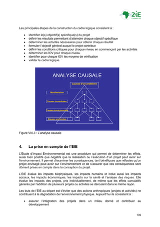 Les principales étapes de la construction du cadre logique consistent à :

        identifier le(s) objectif(s) spécifique(s) du projet
        définir les résultats permettant d‟atteindre chaque objectif spécifique
        déterminer les activités nécessaires pour obtenir chaque résultat
        formuler l‟objectif général auquel le projet contribue
        définir les conditions critiques pour chaque niveau en commençant par les activités
        déterminer les IOV pour chaque niveau
        identifier pour chaque IOV les moyens de vérification
        valider le cadre logique.




                           ANALYSE CAUSALE
                                             Causes d’un problème


                         Manifestation



                      Causes immédiates



                      Causes sous-jacentes



                       Causes profondes




Figure VIII-3 : L‟analyse causale



4.       La prise en compte de l’EIE
L‟Etude d‟Impact Environnemental est une procédure qui permet de déterminer les effets,
aussi bien positifs que négatifs que la réalisation ou l‟exécution d‟un projet peut avoir sur
l‟environnement. Il permet d‟examiner les conséquences, tant bénéfiques que néfastes qu‟un
projet envisagé peut avoir sur l‟environnement et de s‟assurer que ces conséquences sont
dûment prises en compte dans la conception du projet.

L‟EIE évalue les impacts biophysiques, les impacts humains et inclut aussi les impacts
sociaux, les impacts économiques, les impacts sur la santé et l‟analyse des risques. Elle
évalue les impacts des projets, pris individuellement, de même que les effets cumulatifs
générés par l‟addition de plusieurs projets ou activités se déroulant dans le même rayon.

Les buts de l‟EIE au départ est d‟éviter que des actions anthropiques (projets et activités) ne
contribuent à la dégradation de l‟environnement physique. Aujourd‟hui ils consistent à :

        assurer l‟intégration des projets dans un milieu donné             et contribuer au
         développement


                                                                                           139
 