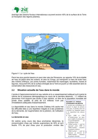 drainage des bassins fluviaux internationaux couvrent environ 45% de la surface de la Terre
(à l'exception des régions polaires).




Figure I-1: Le cycle de l'eau

Parmi les plus grands bassins on peut citer celui de l'Amazone, qui apporte 15% de la totalité
de l'eau se jetant dans les océans, et celui du Congo, qui transporte un tiers de toute l‟eau
des rivières d‟Afrique. Les zones humides, notamment les marécages, tourbières, marais et
lagunes, recouvrent 6% de la surface émergée de la Terre et jouent un rôle essentiel dans la
conservation des ressources en eau.

2.2    Situation actuelle de l’eau dans le monde
L'accès à l'approvisionnement en eau salubre et à un assainissement adéquat suit à peine le
rythme de la croissance démographique au cours de la dernière décennie : 1,1 milliard de
personnes n'ont toujours pas accès à l'eau salubre, un tiers de la population mondiale est
privée d'eau potable, et près de 2,5 milliards n'ont pas
                                                                  Encadré 1.2 : Indices
d'installations adéquates d'assainissement.                       d’évaluation de pénurie
                                                                     Il permet aux scientifiques de
La disponibilité en eau dans le monde (Tableau I-1) cache mal        mesurer le degré de pénurie
les difficultés liées à une répartition inégale et à des problèmes   d’un pays. Il permet aussi de
de la demande, de l‟augmentation de la pollution, de l‟utilisation   constater les inégalités quant
                                                                     à la répartition des masses
de l‟eau.                                                            d’eau :
                                                                      entre 1000 et 1700
La demande en eau                                                       m3/an/personne, un pays
                                                                        peut souffrir localement ou
On estime qu'au cours des deux prochaines décennies, la                 occasionnellement        de
                                                                        problèmes d'eau;
consommation d'eau par individu augmentera de 40% et qu'il            1000m3/an/hab = seuil de
faudra 17% de plus d'eau pour la production vivrière des                pauvreté entre 1000 et
                                                                        500m3/an/hab : situation
                                                                        de pénurie relative;
                                                                      500m3/an/hab = seuil de
                                                                        pénurie; en dessous de18
                                                                        500m3/an/hab : situation
                                                                        de pénurie absolue
 