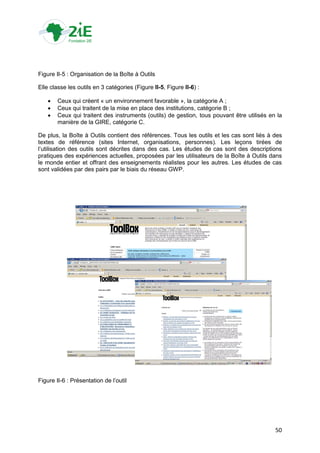 Figure II-5 : Organisation de la Boîte à Outils

Elle classe les outils en 3 catégories (Figure II-5, Figure II-6) :

       Ceux qui créent « un environnement favorable », la catégorie A ;
       Ceux qui traitent de la mise en place des institutions, catégorie B ;
       Ceux qui traitent des instruments (outils) de gestion, tous pouvant être utilisés en la
        manière de la GIRE, catégorie C.

De plus, la Boîte à Outils contient des références. Tous les outils et les cas sont liés à des
textes de référence (sites Internet, organisations, personnes). Les leçons tirées de
l‟utilisation des outils sont décrites dans des cas. Les études de cas sont des descriptions
pratiques des expériences actuelles, proposées par les utilisateurs de la Boîte à Outils dans
le monde entier et offrant des enseignements réalistes pour les autres. Les études de cas
sont validées par des pairs par le biais du réseau GWP.




Figure II-6 : Présentation de l‟outil




                                                                                            50
 