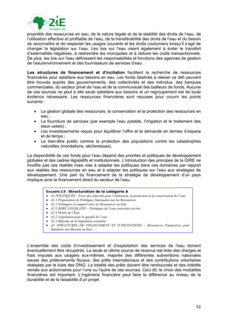propriété des ressources en eau, de la nature légale et de la stabilité des droits de l‟eau, de
l‟utilisation effective et profitable de l‟eau, de la transférabilité des droits de l‟eau et du besoin
de reconnaître et de respecter les usages courants et les droits coutumiers lorsqu‟il s‟agit de
changer la législation sur l‟eau. Les lois sur l‟eau visent également à éviter le transfert
d‟externalités négatives, à restreindre les monopoles et à réduire les coûts transactionnels.
De plus, les lois sur l‟eau définissent les responsabilités et fonctions des agences de gestion
de l‟eau/environnement et des fournisseurs de services d‟eau.

Les structures de financement et d’incitation facilitent la recherche de ressources
financières pour satisfaire aux besoins en eau. Les fonds destinés à relever ce défi peuvent
être trouvés auprès des gouvernements, des collectivités et des individus, des banques
commerciales, du secteur privé de l‟eau et de la communauté des bailleurs de fonds. Aucune
de ces sources ne peut à elle seule satisfaire aux besoins et un regroupement est de toute
évidence nécessaire. Les ressources financières sont requises pour couvrir les points
suivants :

       La gestion globale des ressources, la conservation et la protection des ressources en
        eau ;
       La fourniture de services (par exemple l‟eau potable, l‟irrigation et le traitement des
        eaux usées) ;
       Les investissements requis pour équilibrer l‟offre et la demande en termes d‟espace
        et de temps ;
       Le bien-être public comme la protection des populations contre les catastrophes
        naturelles (inondations, sécheresses).

La disponibilité de ces fonds pour l‟eau dépend des priorités et politiques de développement
globales et des cadres législatifs et institutionnels. L‟introduction des principes de la GIRE ne
modifie pas ces réalités mais vise à adapter les politiques dans ces domaines par rapport
aux réalités des ressources en eau et à adapter les politiques sur l‟eau aux stratégies de
développement. Une part du financement de la stratégie de développement d‟un pays
implique ainsi le financement direct du secteur de l‟eau.

           Encadré 2.8 : Structuration de la catégorie A
            A1 POLITIQUES – Fixer des objectifs pour l’utilisation, la protection et la conservation de l’eau
            A1.1 Préparation de Politiques Nationales sur les Ressources
            A1.2 Politiques en rapport avec les Ressources en Eau
            A2 CADRE LEGISLATIF – Politiques de l’eau converties en lois
            A2.1 Droits de l’Eau
            A2.2 Législation pour la qualité de l’eau
            A2.3 Réforme de la législation existante
            A3 STRUCTURES DE FINANCEMENT ET D’INCITATIONS – Ressources Financières pour
             Satisfaire aux Besoins en Eau .



L‟ensemble des coûts d‟investissement et d‟exploitation des services de l‟eau doivent
éventuellement être récupérés. La seule et ultime source de revenus est tirée des charges et
frais imputés aux usagers eux-mêmes, majorés des différentes subventions nationales
issues des prélèvements fiscaux, des prêts internationaux et des contributions volontaires
réalisées par le biais des ONG. La totalité des prêts doivent être remboursés et des intérêts
versés aux actionnaires pour l‟une ou l‟autre de ces sources. Ceci dit, le choix des modalités
financières est important. L‟ingénierie financière peut faire la différence au niveau de la
durabilité et de la faisabilité d‟un projet.




                                                                                                                 52
 