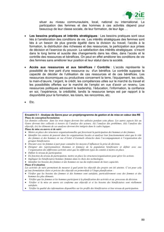 situer au niveau communautaire, local, national ou international. La
              participation des femmes et des hommes à ces activités dépend pour
              beaucoup de leur classe sociale, de leur formation, de leur âge …

   Les besoins pratiques et intérêts stratégiques : Les besoins pratiques sont ceux
    liés à l‟amélioration des conditions de vie. Les intérêts stratégiques des femmes sont
    liés à un besoin de plus grande égalité dans la division du travail, l‟accès à la
    formation, la distribution des richesses et des ressources, la participation aux prises
    de décision et l‟exercice du pouvoir. La satisfaction des intérêts stratégiques s‟inscrit
    dans le long terme et suscite des changements dans les rôles, dans l‟accès et le
    contrôle des ressources et bénéfices. On peut en effet améliorer les conditions de vie
    des femmes sans améliorer leur position et leur statut dans la société.

   Accès aux ressources et aux bénéfices / Contrôle : L‟accès représente la
    possibilité de tirer parti d'une ressource ou d'un bénéfice. Le contrôle suppose la
    capacité de décider de l‟utilisation de ces ressources et de ces bénéfices. Les
    ressources économiques ou productives concernent la terre, l‟équipement, les outils,
    la main-d‟œuvre, l‟argent, le crédit, les compétences utiles sur le marché du travail et
    les possibilités offertes sur le marché de l‟emploi en vue d‟avoir un revenu. Les
    ressources politiques adressent le leadership, l‟éducation, l‟information, la confiance
    en soi, l‟expérience, la crédibilité, tandis la ressource temps est par rapport à la
    disponibilité pour la formation, les loisirs, les rencontres, etc.

   Etc.



Encadré 5.1 : Analyse de Genre pour un projet/programme de gestion et de mise en valeur des RE
Phase de conception/formulation
Les données collectées dans les trois étapes devront être utilisées pendant cette phase. Les autres aspects liés au
Genre devront être collectés à travers (i) l’analyse des acteurs, (ii) l’analyse des problèmes, (iii) l’analyse des
objectifs, (iv) les éléments de ces analyses devront être intégrés dans le cadre logique.
Phase de mise en œuvre et de suivi
 Mettre en place des structures organisationnelles qui favorisent la participation des hommes et des femmes.
 Identifier les centres de pouvoir dans les organisations locales et analyser leur fonctionnement ainsi que le rôle
   des femmes et des hommes en vue d’éviter d’éventuels obstacles dans l’accompagnement à l’organisation des
   groupes bénéficiaires.
 Discuter avec les femmes à part pour connaître les moyens d’influencer la prise de décision.
 Désigner des représentant(e)s (hommes et femmes) de la population bénéficiaire et définir avec eux
   l’organisation des différentes activités ainsi que les différents types de comités à mettre en place.
 Définir le niveau de participation.
 En fonction du niveau de participation, mettre en place les structures/organisations pour gérer les actions.
 Impliquer les bénéficiaires hommes /femmes dans le choix des technologies.
 Identifier les besoins des femmes et des hommes en vue du renforcement de leurs capacités.
Phase d’évaluation
Les activités de suivi permettent de mesurer à quel point les objectifs des projets ont été atteints. C’est pour cela
qu’une formulation claire et précise des objectifs est primordiale à l’étape planification :
 Vérifier que les besoins des femmes et des hommes sont satisfaits, particulièrement ceux des femmes et des
   hommes les plus démunis.
 Vérifier que les femmes et les hommes participent à la planification des activités et au processus de décision.
 Vérifier si la mise en œuvre est conforme aux objectifs et si les besoins des bénéficiaires sont réellement
   satisfaits.
 Vérifier la qualité des informations disponibles sur les profils des bénéficiaires et leur niveau de participation.




                                                                                                                    89
 