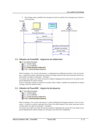 Vue système informatique


             •    Pour chaque acteur, modélisez les messages envoyés au système et les messages que l’acteur re-
                  çoit du système.
         Exemple :




   3.2. Utilisation de PowerAMC : diagramme de collaboration




         Dans le package « Vue système informatique », un diagramme de collaboration nommé « Contexte dynami-
         que », contient le système, représenté sous forme d’un objet, instance d’une classe ayant pour nom le sys-
         tème étudié. Cet objet est stéréotypé <<Système>>.
         Les acteurs sont copiés sous forme de raccourcis depuis le diagramme des acteurs de la vue métier ou de-
         puis le diagramme de contexte statique.
         Créez les messages entrants et sortants du système. Dans l’onglet « Général » des propriétés de chaque
         message, enlevez le num d’ordre.
                                  éro

   3.3. Utilisation de PowerAMC : diagramme de séquence




         Dans le package « Vue système informatique », créez un diagramme de séquence nommé « Contexte dyna-
         mique », contient le système, représenté sous forme d’un objet instance d’une classe ayant pour nom le
         système étudié. Cet objet est stéréotypé <<Système>>.
         Les acteurs sont copiés sous forme de raccourcis depuis le diagramme des acteurs de la vue métier ou de-
         puis le diagramme de contexte statique. Les messages sont créés dans le diagramme.




Manuel d’utilisation UML - PowerAMC                    Février 2005                                          31 / 42
 