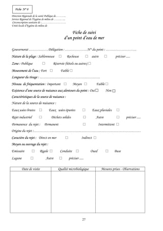 27
Fiche N° 8
Direction Régionale de la santé Publique de………..
Service Régional de l’hygiène de milieu de …….…...
Circonscription sanitaire de :……….…………….
Unité locale d’hygiène du milieu de
Fiche de suivi
d’un point d’eau de mer
Gouvernorat …………….Délégation : ………………N° du point : …………………….
Nature de la plage : Sablonneuse Rocheuse autre préciser .....
Zone : Publique Réservée (hôtels ou autres)
Mouvement de l’eau ; Fort Faible
Longueur du rivage : ………………………………………….
Niveau de fréquentation : Important Moyen Faible
Existence d’une source de nuisance aux alentours du point : Oui Non
Caractéristiques de la source de nuisance :
Nature de la source de nuisance :
Eaux usées brutes Eaux usées épurées Eaux pluviales
Rejet industriel Déchets solides Autre préciser .....
Permanence du rejet : Permanent Intermittent
Origine du rejet :……………………………………………………………………………
Caractère du rejet : Direct en mer Indirect
Moyen ou ouvrage du rejet :
Emissaire Rigole Conduite Oued Buse
Lagune Autre préciser .....
Date de visite Qualité microbiologique Mesures prises - Observations
 