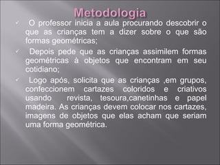     O professor inicia a aula procurando descobrir o
    que as crianças tem a dizer sobre o que são
    formas geométricas;
    Depois pede que as crianças assimilem formas
    geométricas à objetos que encontram em seu
    cotidiano;
    Logo após, solicita que as crianças ,em grupos,
    confeccionem cartazes coloridos e criativos
    usando     revista, tesoura,canetinhas e papel
    madeira. As crianças devem colocar nos cartazes,
    imagens de objetos que elas acham que seriam
    uma forma geométrica.
 