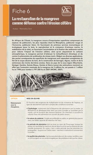 Fiche 6




 En Afrique de l’Ouest, la mangrove couvre d’importantes superficies comprenant six
 espèces de palétuviers, les plus répandus étant le Rhizophora, palétuvier rouge et
 l’Avicennia, palétuvier blanc. En fournissant de précieux services économiques et
 écologiques (pour le bois, la reproduction et la croissance d’animaux marins, la
 stabilisation de la côte), en favorisant l’accumulation et la fixation des sédiments marins
 pour réduire l’impact de l’érosion côtière, ainsi qu’en séquestrant le carbone
 atmosphérique, la mangrove permet d’atténuer le réchauffement climatique et de
 contrer le phénomène de surélévation du niveau marin. Malgré ces diverses applications,
 des pertes conséquentes de superficies de mangroves sont cependant enregistrées du
 fait de la coupe abusive du bois, de la construction de barrages, digues, routes et de la
 sécheresse des trente dernières années. Dans six pays de la sous-région (Mauritanie,
 Sénégal, Gambie, Guinée Bissau, Guinée et Sierra Leone) des estimations montrent en
 effet que l’extension maximale de la mangrove de 3 millions ha, est passée à 1 million
 ha en 1990 pour tomber à 797 200 ha en 2007 (WCMC, 2007).




OPTION             MISE EN ŒUVRE

Reboisement        En fonction des exigences de multiplication et de croissance de l’espèce, ce
avec le            type de reboisement doit tenir compte des conditions suivantes :
rhizophora
                   • l’hydrologie, notamment de la fréquence de submersion par la marée. Le
                     Rhizophora se développe bien dans une zone inondée au quotidien par la
                     marée, soit en bordure des chenaux (bolons). On cherchera à accroître le
                     volume d’eau de submersion en ouvrant de petits canaux ;

                   • la nature du substrat : l’argile est préférable au sable, en général plus pauvre
                     avec une faible capacité de rétention de l’eau ;

                   • la période de plantation doit se situer au cœur de l’hivernage, lorsque les
                     pluies ont neutralisé le maximum de sel dans le sol et que le substrat est très
                     meuble (potopoto). En outre, c’est à cette période que les plantules (ou
                     propagules) - toujours sur l’arbre mère - viennent à maturité et commencent
                     à tomber ;

                   • la qualité des plantules : les bonnes plantules sont de couleur verdâtre, avec
                     un joli bourgeon et non endommagées par des prédateurs tels que les crabes;




                                                      26
 