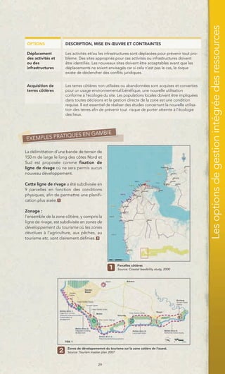 Les options de gestion intégrée des ressources
 OPTIONS              DESCRIPTION, MISE EN ŒUVRE ET CONTRAINTES

 Déplacement          Les activités et/ou les infrastructures sont déplacées pour prévenir tout pro-
 des activités et     blème. Des sites appropriés pour ces activités ou infrastructures doivent
 ou des               être identifiés. Les nouveaux sites doivent être acceptables avant que les
 infrastructures      déplacements ne soient envisagés car si cela n’est pas le cas, le risque
                      existe de déclencher des conflits juridiques.


 Acquisition de       Les terres côtières non utilisées ou abandonnées sont acquises et converties
 terres côtières      pour un usage environnemental bénéfique, une nouvelle utilisation
                      conforme à l’écologie du site. Les populations locales doivent être impliquées
                      dans toutes décisions et la gestion directe de la zone est une condition
                      requise. Il est essentiel de réaliser des études concernant la nouvelle utilisa-
                      tion des terres afin de prévenir tout risque de porter atteinte à l’écologie
                      des lieux.




                ES EN GAMBIE
EXEMPLES PRATIQU

La délimittation d’une bande de terrain de
150 m de large le long des côtes Nord et
Sud est proposée comme fixation de
ligne de rivage où ne sera permis aucun
nouveau développement.

Cette ligne de rivage a été subdivisée en
9 parcelles en fonction des conditions
physiques, afin de permettre une planifi-
cation plus aisée. 1

Zonage :
l’ensemble de la zone côtière, y compris la
ligne de rivage, est subdivisée en zones de
développement du tourisme où les zones
dévolues à l’agriculture, aux pêches, au
tourisme etc. sont clairement définies. 2




                                                        Parcelles côtières
                                                        Source: Coastal feasibility study, 2000




                       Zones de dévelopememnt du tourisme sur la zone cotière de l’ouest.
                       Source: Tourism master plan 2007



                                           29
 