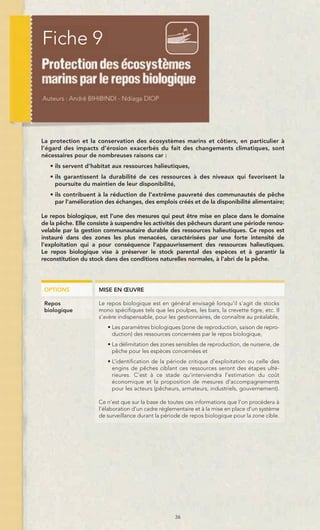 Fiche 9




La protection et la conservation des écosystèmes marins et côtiers, en particulier à
l’égard des impacts d’érosion exacerbés du fait des changements climatiques, sont
nécessaires pour de nombreuses raisons car :
   • ils servent d’habitat aux ressources halieutiques,
   • ils garantissent la durabilité de ces ressources à des niveaux qui favorisent la
     poursuite du maintien de leur disponibilité,
   • ils contribuent à la réduction de l’extrême pauvreté des communautés de pêche
     par l’amélioration des échanges, des emplois créés et de la disponibilité alimentaire;

Le repos biologique, est l’une des mesures qui peut être mise en place dans le domaine
de la pêche. Elle consiste à suspendre les activités des pêcheurs durant une période renou-
velable par la gestion communautaire durable des ressources halieutiques. Ce repos est
instauré dans des zones les plus menacées, caractérisées par une forte intensité de
l'exploitation qui a pour conséquence l’appauvrissement des ressources halieutiques.
Le repos biologique vise à préserver le stock parental des espèces et à garantir la
reconstitution du stock dans des conditions naturelles normales, à l'abri de la pêche.




 OPTIONS             MISE EN ŒUVRE

 Repos               Le repos biologique est en général envisagé lorsqu’il s’agit de stocks
 biologique          mono spécifiques tels que les poulpes, les bars, la crevette tigre, etc. Il
                     s’avère indispensable, pour les gestionnaires, de connaître au préalable,
                        • Les paramètres biologiques (zone de reproduction, saison de repro-
                          duction) des ressources concernées par le repos biologique,
                        • La délimitation des zones sensibles de reproduction, de nurserie, de
                          pêche pour les espèces concernées et
                        • L’identification de la période critique d’exploitation ou celle des
                          engins de pêches ciblant ces ressources seront des étapes ulté-
                          rieures. C’est à ce stade qu’interviendra l’estimation du coût
                          économique et la proposition de mesures d’accompagnements
                          pour les acteurs (pêcheurs, armateurs, industriels, gouvernement).

                     Ce n’est que sur la base de toutes ces informations que l’on procédera à
                     l’élaboration d’un cadre réglementaire et à la mise en place d’un système
                     de surveillance durant la période de repos biologique pour la zone cible.




                                                    36
 