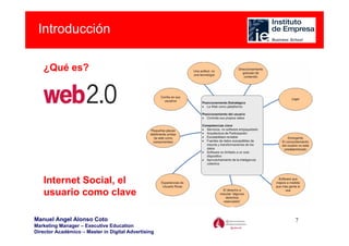 Introducción

   ¿Qué es?




   Internet Social, el
   usuario como clave

Manuel Angel Alonso Coto                             7
Marketing Manager – Executive Education
Director Académico – Master in Digital Advertising
 