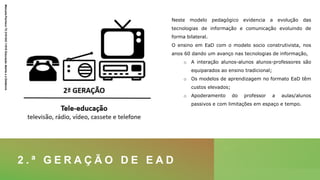 2 . ª G E R A Ç Ã O D E E A D
Neste modelo pedagógico evidencia a evolução das
tecnologias de informação e comunicação evoluindo de
forma bilateral.
O ensino em EaD com o modelo socio construtivista, nos
anos 60 dando um avanço nas tecnologias de informação,
o A interação alunos-alunos alunos-professores são
equiparados ao ensino tradicional;
o Os modelos de aprendizagem no formato EaD têm
custos elevados;
o Apoderamento do professor a aulas/alunos
passivos e com limitações em espaço e tempo.
Manuela
Pacheco
T2
2101243
11010
Educação
Aberta
e
a
Distância
 