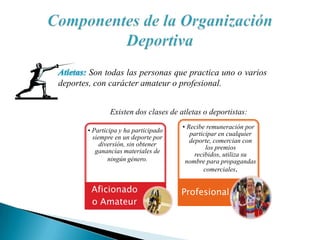 Son todas las personas que practica uno o varios
deportes, con carácter amateur o profesional.
Existen dos clases de atletas o deportistas:
• Participa y ha participado
siempre en un deporte por
diversión, sin obtener
ganancias materiales de
ningún género.

Aficionado
o Amateur

• Recibe remuneración por
participar en cualquier
deporte, comercian con
los premios
recibidos, utiliza su
nombre para propagandas
comerciales.

Profesional

 