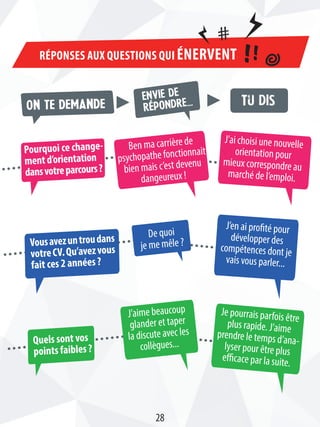 Réponses aux questions qui énervent
Pourquoi ce change-
mentd’orientation
dansvotreparcours?
Vousavezuntroudans
votreCV.Qu’avezvous
fait ces 2 années ?
Quels sont vos
points faibles ?
ON TE DEMANDE
envie de
répondre... Tu dis
Ben ma carrière de
psychopathe fonctionnait
bien mais c’est devenu
dangeureux !
De quoi
je me mêle ?
J’aime beaucoup
glander et taper
la discute avec les
collègues...
J’en ai profité pour
développer des
compétences dont je
vais vous parler...
Je pourrais parfois êtreplus rapide. J’aimeprendre le temps d’ana-lyser pour être plus
efficace par la suite.
#
!!
J’ai choisi une nouvelle
orientation pour
mieux correspondre au
marché de l’emploi.
28
 