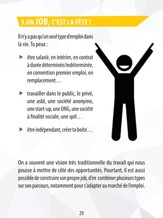 Iln’yapasqu’unseultyped’emploidans
la vie.Tu peux :
ff être salarié, en intérim, en contrat
àduréedéterminée/indéterminée,
en convention premier emploi, en
remplacement…
ff travailler dans le public, le privé,
une asbl, une société anonyme,
unestart-up,uneONG,unesociété
à finalité sociale, une sprl…
ff êtreindépendant,créertaboite…
3.un JOB, c’est la fête !
On a souvent une vision très traditionnelle du travail qui nous
pousse à mettre de côté des opportunités. Pourtant, il est aussi
possibledeconstruiresonproprejob,d’en combinerplusieurstypes
sursonparcours,notammentpours’adapteraumarchédel’emploi.
29
 