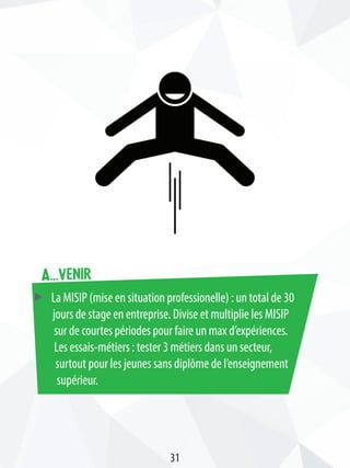 ff La MISIP (mise en situation professionelle) : un total de 30
jours de stage en entreprise. Divise et multiplie les MISIP
sur de courtes périodes pour faire un max d’expériences.
Les essais-métiers : tester 3 métiers dans un secteur,
surtout pour les jeunes sans diplôme de l’enseignement
supérieur.
A...venir
31
 