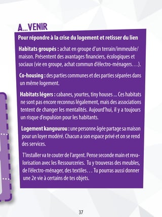 A...venir
Pour répondre à la crise du logement et retisser du lien
Habitats groupés : achat en groupe d’un terrain/immeuble/
maison. Présentent des avantages financiers, écologiques et
sociaux (vie en groupe, achat commun d’électro-ménagers…).
Co-housing:despartiescommunesetdespartiesséparéesdans
un même logement.
Habitatslégers:cabanes,yourtes,tinyhouses...Ceshabitats
nesontpasencorereconnuslégalement,maisdesassociations
tentent de changer les mentalités. Aujourd’hui, il y a toujours
un risque d’expulsion pour les habitants.
Logementkangourou:unepersonneâgéepartagesamaison
pourunloyermodéré.Chacunasonespaceprivéetonserend
des services.
T’installervatecouterdel’argent.Pensesecondemainetreva-
lorisation avec les Ressourceries. Tu y trouveras des meubles,
de l’électro-ménager, des textiles…Tu pourras aussi donner
une 2e vie à certains de tes objets.
37
 