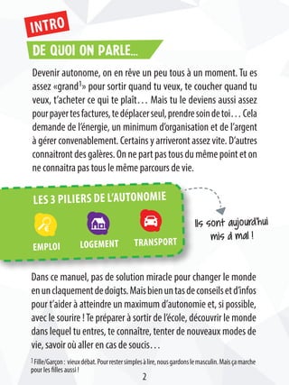 Devenir autonome, on en rêve un peu tous à un moment. Tu es
assez «grand1» pour sortir quand tu veux, te coucher quand tu
veux, t’acheter ce qui te plaît… Mais tu le deviens aussi assez
pourpayertesfactures,tedéplacerseul,prendresoindetoi…Cela
demande de l’énergie, un minimum d’organisation et de l’argent
à gérer convenablement. Certains y arriveront assez vite. D’autres
connaitrontdesgalères.Onnepartpastousdumêmepointeton
ne connaitra pas tous le même parcours de vie.
TransportLogementEmploi
Dans ce manuel, pas de solution miracle pour changer le monde
enunclaquementdedoigts.Maisbienuntasdeconseilsetd’infos
pour t’aider à atteindre un maximum d’autonomie et, si possible,
avec le sourire !Te préparer à sortir de l’école, découvrir le monde
dans lequel tu entres, te connaître, tenter de nouveaux modes de
vie, savoir où aller en cas de soucis…
De quoi on parle...
Ils sont aujourd’hui
mis à mal !
1 Fille/Garçon: vieuxdébat.Pourrestersimplesàlire,nousgardonslemasculin.Maisçamarche
pour les filles aussi !
Les 3 piliers de l’autonomie
Intro
2
 