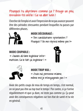 Pourquoi tu déprimes comme ça ? Bouge un peu,
ressaisis-toi enfin ! Ca va aller hein !
Chercherdel’emploietavoirl’impressiondenepasavancerpeuvent
être des périodes stressantes pendant lesquelles tu passes par
différentes phases.
Mode découragé :
« Des candidatures spontanées ?
Pourquoi ? On me répond même pas !»
Avoir des petits coups de mou de temps en temps, c’est normal,
on ne peut pas être au top tout le temps ! Par contre, si ça t’arrive
régulièrement et que ça dure, ne reste pas comme ça. Ça peut
avoir des conséquences négatives sur ton état de santé et ta vie
en général.
Mode trop nul :
« J’suis nul, personne m’aime,
même moi je m’engagerais pas ! »
Mode coupable :
« J’aurais dû faire Ingénieur infor-
maticien. Ca le fait ça, ingénieur ! »
45
 