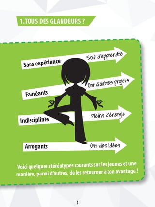 Voici quelques stéréotypes courants sur les jeunes et une
manière, parmi d’autres, de les retourner à ton avantage !
Sans expérience
Fainéants
Indisciplinés
Arrogants
Soif d’apprendre
Pleins d’énergie
Ont des idées
Ont d’autres projets
1.Tous des glandeurs ?
4
 
