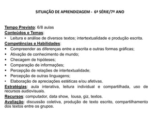 SITUAÇÃO DE APRENDIZAGEM - 6ª SÉRIE/7º ANO
Tempo Previsto: 6/8 aulas
Conteúdos e Temas:
• Leitura e análise de diversos textos; intertextualidade e produção escrita.
Competências e Habilidades:
 Compreender as diferenças entre a escrita e outras formas gráficas;
 Ativação de conhecimento de mundo;
 Checagem de hipóteses;
 Comparação de informações;
 Percepção de relações de intertextualidade;
 Percepção de outras linguagens;
• Elaboração de apreciações estéticas e/ou afetivas.
Estratégias: aula interativa, leitura individual e compartilhada, uso de
recursos audiovisuais.
Recursos: computador, data show, lousa, giz, textos.
Avaliação: discussão coletiva, produção de texto escrito, compartilhamento
dos textos entre os grupos.
 