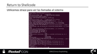GNU/Linux Exploiting 50
Return to Shellcode
Utilicemos strace para ver las llamadas al sistema
 