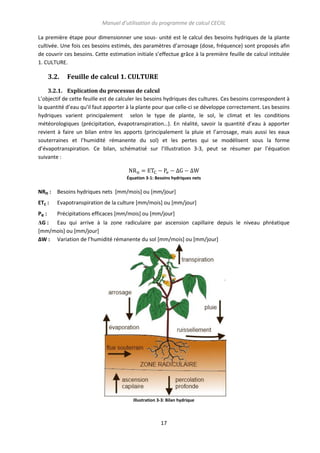 Manuel d’utilisation du programme de calcul CECIIL
La première étape pour dimensionner une sous- unité est le calcul des besoins hydriques de la plante
cultivée. Une fois ces besoins estimés, des paramètres d’arrosage (dose, fréquence) sont proposés afin
de couvrir ces besoins. Cette estimation initiale s’effectue grâce à la première feuille de calcul intitulée
1. CULTURE.

3.2.

Feuille de calcul 1. CULTURE

3.2.1. Explication du processus de calcul
L’objectif de cette feuille est de calculer les besoins hydriques des cultures. Ces besoins correspondent à
la quantité d’eau qu’il faut apporter à la plante pour que celle-ci se développe correctement. Les besoins
hydriques varient principalement selon le type de plante, le sol, le climat et les conditions
météorologiques (précipitation, évapotranspiration…). En réalité, savoir la quantité d’eau à apporter
revient à faire un bilan entre les apports (principalement la pluie et l’arrosage, mais aussi les eaux
souterraines et l’humidité rémanente du sol) et les pertes qui se modélisent sous la forme
d’évapotranspiration. Ce bilan, schématisé sur l’Illustration 3-3, peut se résumer par l’équation
suivante :

Équation 3-1: Besoins hydriques nets

NRn :

Besoins hydriques nets [mm/mois] ou [mm/jour]

ETc :

Evapotranspiration de la culture [mm/mois] ou [mm/jour]

Pe :

Précipitations efficaces [mm/mois] ou [mm/jour]

ΔG : Eau qui arrive à la zone radiculaire par ascension capillaire depuis le niveau phréatique
[mm/mois] ou [mm/jour]
ΔW : Variation de l’humidité rémanente du sol [mm/mois] ou [mm/jour]

Illustration 3-3: Bilan hydrique

17

 