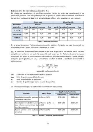 Manuel d’utilisation du programme de calcul CECIIL
Détermination des paramètres de l’Équation 3-4:
Rt: relation de transpiration : Ce coefficient prend en compte les pertes par ruissellement et par
percolation profonde. Dans les systèmes goutte- à -goutte, en absence de ruissellement, la relation de
transpiration peut s’estimer à partir de la relation de percolation selon les valeurs du cadre suivant:

Profondeur
des racines

Climat aride
texture
grossière moyenne
0,90
0,95

Climat humide
texture
lourde grossière moyenne
0,65
0,75
0,85

< 75 cm

lourde
0,85

fine
0,95

fine
0,90

75 - 150 cm

0,90

0,90

0,95

0,95

0,75

0,80

0,90

0,95

> 150 cm

0,95

0,95

1,00

1,00

0,85

0,90

0,95

1,00

Cadre 3-1: Relation de percolation

Fr : le facteur d’aspersion s’utilise uniquement pour les systèmes d’irrigation par aspersion, dans le cas
du système goutte à goutte, ce facteur n’affecte pas et vaut 1.
CU : le coefficient d’uniformité tient compte du fait que les goutteurs ne libèrent jamais un débit
complètement uniforme sur toute la sous-unité, soit parce que les frottements dans les tuyaux
provoquent des pertes de pression et donc des conditions de travail différentes pour chaque goutteur,
soit parce que le goutteur, en soit, a une certaine variation de débit. Le coefficient d’uniformité se
définit comme:
(

√

)

Équation 3-5: Coefficient d'uniformité

CV :
qmin:
q:
e:

Coefficient de variation de fabrication du goutteur
Débit du goutteur avec débit minimum
Débit moyen de tous les goutteurs
Nombre de goutteurs par plante ou unité de superficie

Les valeurs conseillées pour le coefficient d’uniformité sont les suivantes:

Goutteurs

Pente du sol

Coefficient d’uniformité
Climat aride
0,90-0,95

Climat humide
0,80-0,85

Espacés de moins de 2,5m pour Uniforme (>2%) ou
des cultures permanentes ou ondulé
semi-permanentes

0,85-0,90

0,75-0,80

Tuyaux poreux pour cultures Uniforme (<2%)
annuelles

0,85-0,90

0,75-0,80

Espacés de 4m ou plus pour des Uniforme (<2%)
cultures permanentes

Cadre 3-2: Coefficient d'uniformité, valeurs conseillées

20

 