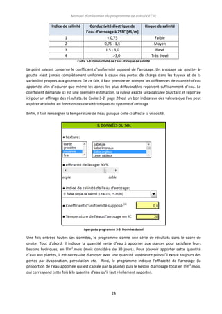 Manuel d’utilisation du programme de calcul CECIIL
Indice de salinité
1
2
3
4

Conductivité électrique de
l’eau d’arrosage à 25ºC [dS/m]
< 0,75
0,75 - 1,5
1,5 - 3,0
>3,0

Risque de salinité
Faible
Moyen
Elevé
Très élevé

Cadre 3-3: Conductivité de l'eau et risque de salinité

Le point suivant concerne le coefficient d’uniformité supposé de l’arrosage. Un arrosage par goutte- àgoutte n’est jamais complètement uniforme à cause des pertes de charge dans les tuyaux et de la
variabilité propres aux goutteurs De ce fait, il faut prendre en compte les différences de quantité d’eau
apportée afin d’assurer que même les zones les plus défavorables reçoivent suffisamment d’eau. Le
coefficient demandé ici est une première estimation, la valeur exacte sera calculée plus tard et reportée
ici pour un affinage des résultats. Le Cadre 3-2 page 20 est un bon indicateur des valeurs que l’on peut
espérer atteindre en fonction des caractéristiques du système d’arrosage.
Enfin, il faut renseigner la température de l’eau puisque celle-ci affecte la viscosité.

Aperçu du programme 3-3: Données du sol

Une fois entrées toutes ces données, le programme donne une série de résultats dans le cadre de
droite. Tout d’abord, il indique la quantité nette d’eau à apporter aux plantes pour satisfaire leurs
besoins hydriques, en l/m2.mois (mois considéré de 30 jours). Pour pouvoir apporter cette quantité
d’eau aux plantes, il est nécessaire d’arroser avec une quantité supérieure puisqu’il existe toujours des
pertes par évaporation, percolation etc. Ainsi, le programme indique l’efficacité de l’arrosage (la
proportion de l’eau apportée qui est captée par la plante) puis le besoin d’arrosage total en l/m 2.mois,
qui correspond cette fois à la quantité d’eau qu’il faut réellement apporter.

24

 