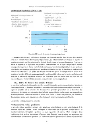 Manuel d’utilisation du programme de calcul CECIIL
Goutteurs auto-régulant de ≈2 l/h et ≈4 l/h :

Illustration 3-8: Exemple de données de catalogue de goutteurs

La connexion des goutteurs sur le tuyau provoque une perte de pression dans le tuyau. Pour estimer
celle-ci, on utilise la notion de « longueur équivalente », qui est simplement une mesure de la perte de
pression provoquée par l’introduction d’un obstacle dans le tuyau. La longueur équivalente s’exprime en
mètre et dépend de la façon dont les goutteurs sont connectés sur le tuyau. Les goutteurs internes
provoquent une perte de charge équivalente à une longueur constante et égale à 0,23 m. Les goutteurs
externes ont une longueur équivalente qui peut être estimée en fonction du diamètre du tuyau selon la
formule: le= 18,91/D1,87. Ces pertes de charges doivent être prises en compte lors du calcul de la
pression le long des différents tuyaux, puisqu’elles contribuent (de même que les pertes par frottement)
à ce que la pression à l’extrémité du tuyau soit plus faible qu’à son entrée. Elles ont donc un rôle
important quant à l’uniformité des pressions auxquelles sont soumis les goutteurs.
3.3.2. Entrée des données dans la feuille de calcul
La première feuille contient toutes les données caractéristiques des goutteurs, canalisations latérales et
conduite maîtresse. La deuxième feuille sert à contrôler le bon fonctionnement de chaque sous-unité. La
façon de procéder est la suivante : les données d’une première proposition sur la disposition des
goutteurs et des tuyaux sont introduites dans la feuille sous-unités. On vérifie ensuite que les conditions
de fonctionnement sont correctes dans la feuille sous- unités 2. Si ce n’est pas le cas, on modifie les
données dans la sous-unité 1 puis on revérifie etc. jusqu’à obtenir une solution satisfaisante.
Les données à introduire sont les suivantes :
Feuille sous unité, cadre 1 (goutteurs).
La première étape consiste à choisir entre goutteurs auto-régulants ou non auto-régulants. Si la
première option est cochée, il faut renseigner le débit libéré par le goutteur puisque celui-ci se
maintient constant. Si l’option « goutteur non auto-régulant » est cochée, il faut renseigner deux
coefficients : le K et le x du goutteur (Équation 3-11: Équation caractéristique des goutteurs) qui
permettent de caractériser le goutteur. Les coefficients de trois goutteurs issus de catalogues ont été
32

 