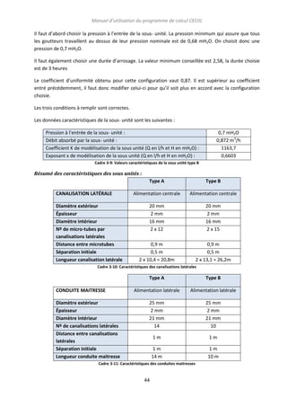 Manuel d’utilisation du programme de calcul CECIIL
Il faut d’abord choisir la pression à l’entrée de la sous- unité. La pression minimum qui assure que tous
les goutteurs travaillent au dessus de leur pression nominale est de 0,68 mH2O. On choisit donc une
pression de 0,7 mH2O.
Il faut également choisir une durée d’arrosage. La valeur minimum conseillée est 2,58, la durée choisie
est de 3 heures
Le coefficient d’uniformité obtenu pour cette configuration vaut 0,87. Il est supérieur au coefficient
entré précédemment, il faut donc modifier celui-ci pour qu’il soit plus en accord avec la configuration
choisie.
Les trois conditions à remplir sont correctes.
Les données caractéristiques de la sous- unité sont les suivantes :
Pression à l’entrée de la sous- unité :
Débit absorbé par la sous- unité :
Coefficient K de modélisation de la sous unité (Q en l/h et H en mH2O) :
Exposant x de modélisation de la sous unité (Q en l/h et H en mH2O) :

0,7 mH2O
0,872 m3/h
1163,7
0,6603

Cadre 3-9: Valeurs caractéristiques de la sous unité type B

Résumé des caractéristiques des sous unités :
Type A
CANALISATION LATÉRALE
Diamètre extérieur
Épaisseur
Diamètre intérieur
Nº de micro-tubes par
canalisations latérales
Distance entre microtubes
Séparation initiale
Longueur canalisation latérale

Type B

Alimentation centrale

Alimentation centrale

20 mm
2 mm
16 mm
2 x 12

20 mm
2 mm
16 mm
2 x 15

0,9 m
0,5 m
2 x 10,4 = 20,8m

0,9 m
0,5 m
2 x 13,1 = 26,2m

Cadre 3-10: Caractéristiques des canalisations latérales

Type A
CONDUITE MAITRESSE
Diamètre extérieur
Épaisseur
Diamètre intérieur
Nº de canalisations latérales
Distance entre canalisations
latérales
Séparation initiale
Longueur conduite maitresse

Type B

Alimentation latérale

Alimentation latérale

25 mm
2 mm
21 mm
14

25 mm
2 mm
21 mm
10

1m

1m

1m
14 m

1m
10 m

Cadre 3-11: Caractéristiques des conduites maitresses

44

 
