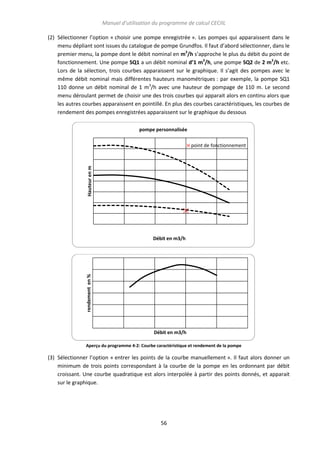 Manuel d’utilisation du programme de calcul CECIIL
(2) Sélectionner l’option « choisir une pompe enregistrée ». Les pompes qui apparaissent dans le
menu dépliant sont issues du catalogue de pompe Grundfos. Il faut d’abord sélectionner, dans le
premier menu, la pompe dont le débit nominal en m3/h s’approche le plus du débit du point de
fonctionnement. Une pompe SQ1 a un débit nominal d’1 m3/h, une pompe SQ2 de 2 m3/h etc.
Lors de la sélection, trois courbes apparaissent sur le graphique. Il s’agit des pompes avec le
même débit nominal mais différentes hauteurs manométriques : par exemple, la pompe SQ1
110 donne un débit nominal de 1 m3/h avec une hauteur de pompage de 110 m. Le second
menu déroulant permet de choisir une des trois courbes qui apparait alors en continu alors que
les autres courbes apparaissent en pointillé. En plus des courbes caractéristiques, les courbes de
rendement des pompes enregistrées apparaissent sur le graphique du dessous
pompe personnalisée

Hauteur en m

point de fonctionnement

rendement en %

Débit en m3/h

Débit en m3/h
Aperçu du programme 4-2: Courbe caractéristique et rendement de la pompe

(3) Sélectionner l’option « entrer les points de la courbe manuellement ». Il faut alors donner un
minimum de trois points correspondant à la courbe de la pompe en les ordonnant par débit
croissant. Une courbe quadratique est alors interpolée à partir des points donnés, et apparait
sur le graphique.

56

 