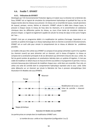Manuel d’utilisation du programme de calcul CECIIL

4.4.

Feuille 7. EPANET

4.4.1. Utilisation de EPANET
Développé par l'US Environnemental Protection Agency et traduit sous la direction de la Générale des
Eaux, EPANET est un logiciel de simulation du comportement hydraulique et qualitatif de l'eau sur de
longues durées dans les réseaux sous pression. Un réseau est un ensemble de tuyaux, noeuds (jonctions
de tuyaux), pompes, vannes, bâches et réservoirs. EPANET calcule le débit dans chaque tuyau, la
pression à chaque noeud, le niveau de l'eau dans les réservoirs, et la concentration en substances
chimiques dans les différentes parties du réseau, au cours d'une durée de simulation divisée en
plusieurs étapes. Le logiciel est également capable de calculer les temps de séjour et de suivre l'origine
de l 'eau ...
EPANET n’est pas un programme dédié à la modélisation de système d’arrosage. Cependant, si on
assimile un système d’arrosage à un réseau hydraulique dont on cherche à connaitre le fonctionnement,
EPANET est un outil utile pour simuler le comportement de ce réseau et détecter les problèmes
possibles.
Le modèle créé pour être utilisé sous EPANET se compose d’une pompe alimentée à partir d’un aquifère
(ou réservoir ouvert) qui peut alimenter soit un réservoir, soit le réseau d’irrigation. Le réseau se
compose de la canalisation principale et de ses dérivations qui alimentent chacune des sous- unités. Du
fait du grand nombre de goutteurs et canalisations latérales dans un système d’irrigation, il n’est pas
viable de modéliser en détail chacun et chacune d’entre eux (même si le programme le permet). Il est au
contraire beaucoup plus intéressant de modéliser chaque sous- unité dans son ensemble. Pour cela, on
utilise une valve de contrôle dont le comportement hydraulique reproduit celui la sous- unité. Cette
valve débouche sur un réservoir qui simule la libération de l’eau à pression atmosphérique (Voir
Illustration 4-9: Modèle crée sous EPANET).
Réservoir
Pompe

Modélisation de la sous- unité:
Valve de contrôle + réservoir
ouvert

Nappe phréatique
Illustration 4-9: Modèle crée sous EPANET

Les parties prises en compte dans la modélisation EPANET sont :
-

Le nombre de sous- unités et leur disposition (configuration 1 ou 2)

58

 