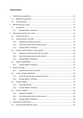 Manuel d’utilisation du programme de calcul CECIIL
Table des matières

1.

Présentation du programme .............................................................................................................. 11
1.1.
1.2.

2.

Objectifs du programme ............................................................................................................ 11
Fonctionnement ......................................................................................................................... 11

Définition des sous- unités ................................................................................................................. 13
2.1.

Introduction................................................................................................................................ 13

2.1.1.
3.

Exemple détaillé : N’Diokouti ............................................................................................. 14

Dimensionnement des sous- unités ................................................................................................... 15
3.1.

Processus de calcul ..................................................................................................................... 15

3.2.

Feuille de calcul 1. CULTURE ...................................................................................................... 17

3.2.1.

Explication du processus de calcul ..................................................................................... 17

3.2.2.

Entrée des données dans la feuille de calcul...................................................................... 22

3.2.3.

Exemple détaillé : N’Diokouti ............................................................................................. 25

3.3.

Feuilles 2. SOUS UNITÉS et 3. SOUS UNITÉS 2 ............................................................................ 28

3.3.1.

Explication du fonctionnement des sous unités ................................................................ 28

3.3.2.

Entrée des données dans la feuille de calcul...................................................................... 32

3.3.3.

Exemple détaillé : N’Diokouti ............................................................................................. 41

3.4.

Feuille 4. GRAPHIQUES .............................................................................................................. 45

3.4.1.
4.

Exemple détaillé : N’Diokouti ............................................................................................. 45

Réseau d’arrosage .............................................................................................................................. 47
4.1.1.
4.2.

Explication du processus de calcul ..................................................................................... 47

Feuille 5. RESEAU CONFIGURE ................................................................................................... 47

4.2.1.

Entrée des données pour le dimensionnement ................................................................. 48

4.2.2.

Exemple détaillé : N’Diokouti ............................................................................................. 51

4.3.

Feuille 6. POMPE ........................................................................................................................ 54

4.3.1.

Entrée des données ............................................................................................................ 55

4.3.2.

Exemple détaillé : N’Diokouti ............................................................................................. 57

4.4.

Feuille 7. EPANET ....................................................................................................................... 58

4.4.1.
4.4.2.

Entrée des données dans la feuille de calcul...................................................................... 59

4.4.3.
5.

Utilisation de EPANET ......................................................................................................... 58

Exemple détaillé : N’Diokouti ............................................................................................. 59

Information complémentaire ............................................................................................................. 63
5.1.

Conversion des différentes unités:............................................................................................. 63
7

 