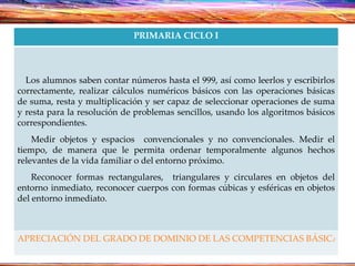 PRIMARIA CICLO I Los alumnos saben contar números hasta el 999, así como leerlos y escribirlos correctamente, realizar cálculos numéricos básicos con las operaciones básicas de suma, resta y multiplicación y ser capaz de seleccionar operaciones de suma y resta para la resolución de problemas sencillos, usando los algoritmos básicos correspondientes. Medir objetos y espacios  convencionales y no convencionales. Medir el tiempo, de manera que le permita ordenar temporalmente algunos hechos relevantes de la vida familiar o del entorno próximo. Reconocer formas rectangulares,  triangulares y circulares en objetos del entorno inmediato, reconocer cuerpos con formas cúbicas y esféricas en objetos del entorno inmediato. APRECIACIÓN DEL GRADO DE DOMINIO DE LAS COMPETENCIAS BÁSICAS 
