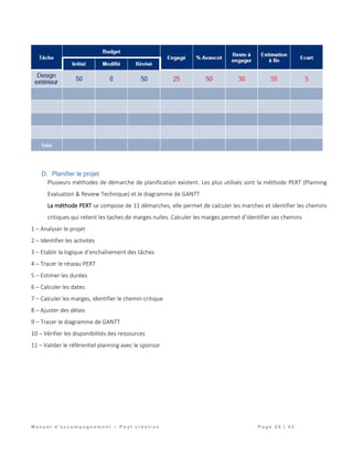 M a n u e l d ’ a c c o m p a g n e m e n t – P o s t c r é a t i o n P a g e 2 6 | 4 2
D. Planifier le projet
Plusieurs méthodes de démarche de planification existent. Les plus utilisés sont la méthode PERT (Planning
Evaluation & Review Technique) et le diagramme de GANTT
La méthode PERT se compose de 11 démarches, elle permet de calculer les marches et identifier les chemins
critiques qui relient les taches de marges nulles. Calculer les marges permet d’identifier ses chemins
1 – Analyser le projet
2 – Identifier les activités
3 – Etablir la logique d’enchaînement des tâches
4 – Tracer le réseau PERT
5 – Estimer les durées
6 – Calculer les dates
7 – Calculer les marges, identifier le chemin critique
8 – Ajuster des délais
9 – Tracer le diagramme de GANTT
10 – Vérifier les disponibilités des ressources
11 – Valider le référentiel planning avec le sponsor
 