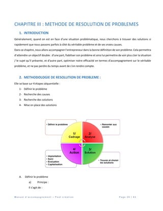 M a n u e l d ’ a c c o m p a g n e m e n t – P o s t c r é a t i o n P a g e 3 0 | 4 2
CHAPITRE III : METHODE DE RESOLUTION DE PROBLEMES
1. INTRODUCTION
Généralement, quand on est en face d’une situation problématique, nous cherchons à trouver des solutions si
rapidement que nous passons parfois à côté du véritable problème et de ses vraies causes.
Dans ce chapitre, nous allons accompagner l’entrepreneur dans la bonne définition de son problème. Cela permettra
d’atteindre un objectif double : d’une part, fiabiliser son problème et ainsi lui permettre de voir plus clair la situation
/ le sujet qu’il présente, et d’autre part, optimiser notre efficacité en termes d’accompagnement sur le véritable
problème, et ne pas perdre du temps avant de s’en rendre compte.
2. METHODOLOGIE DE RESOLUTION DE PROBLEME :
Elle se base sur 4 étapes séquentielle :
1- Définir le problème
2- Recherche des causes
3- Recherche des solutions
4- Mise en place des solutions
A. Définir le problème
a) Principe :
Il s’agit de :
 