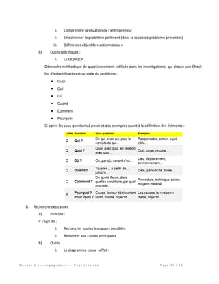 M a n u e l d ’ a c c o m p a g n e m e n t – P o s t c r é a t i o n P a g e 3 1 | 4 2
i. Comprendre la situation de l’entrepreneur
ii. Sélectionner le problème pertinent (dans le scope de problème présentés)
iii. Définir des objectifs « actionnables »
b) Outils spécifiques :
i. Le QQOQCP
Démarche méthodique de questionnement (utilisée dans les investigations) qui dresse une Check-
list d’indentification structurée du problème :
 Quoi
 Qui
 Où
 Quand
 Comment
 Pourquoi
Ci-après les sous questions à poser et des exemples quant à la définition des éléments :
B. Recherche des causes
a) Principe :
Il s’agit de :
i. Rechercher toutes les causes possibles
ii. Remonter aux causes principales
b) Outils
i. Le diagramme cause –effet :
 