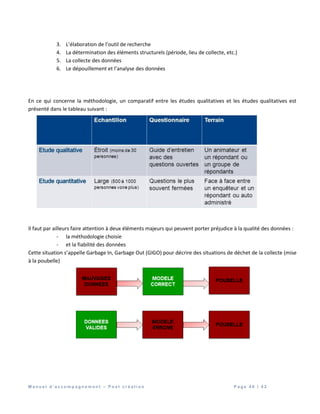 M a n u e l d ’ a c c o m p a g n e m e n t – P o s t c r é a t i o n P a g e 4 0 | 4 2
3. L’élaboration de l’outil de recherche
4. La détermination des éléments structurels (période, lieu de collecte, etc.)
5. La collecte des données
6. Le dépouillement et l’analyse des données
En ce qui concerne la méthodologie, un comparatif entre les études qualitatives et les études qualitatives est
présenté dans le tableau suivant :
Il faut par ailleurs faire attention à deux éléments majeurs qui peuvent porter préjudice à la qualité des données :
- la méthodologie choisie
- et la fiabilité des données
Cette situation s’appelle Garbage In, Garbage Out (GIGO) pour décrire des situations de déchet de la collecte (mise
à la poubelle)
 