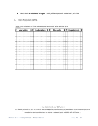 M a n u e l d ’ a c c o m p a g n e m e n t – P o s t c r é a t i o n P a g e 4 2 | 4 2
 Ce qui n’est Ni important ni urgent : Vous pouvez repousser ces tâches à plus tard.
B. FICHE TECHNIQUE NERAC:
« Tous droits réservés pour GIZ Tunisie »
« Le présent document ne peut en aucun cas être utilisé à des fins commerciales et/ou mercantiles. Toute utilisation et/ou toute
reproduction du présent document est soumise à une autorisation préalable de la GIZ Tunisie ».
 