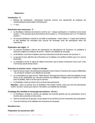 M a n u e l d ’ a c c o m p a g n e m e n t – P o s t c r é a t i o n P a g e 7 | 4 2
Séquences :
Introduction : 2'
 Motiver les participants : Introduisez l’exercice comme une opportunité de pratiquer les
caractéristiques personnelles d’entrepreneur
 1er
tour :
Distribution des ressources : 5’
 Le facilitateur distribue les bonbons comme suit : chaque participant a 2 bonbons d’une seule
couleur. 1/3 du groupe reçoit des bonbons de la couleur a, 1/3 les bonbons de b, et 1/3 celles de
couleur c
 Un second facilitateur s’assoit à une table et représente « mère nature ». Il reçoit des bonbons
et des tablettes de chocolats pour pouvoir les échanger avec les participants selon les
instructions
Explication des règles : 5'
 Le premier facilitateur informe les participants du déroulement de l’exercice, du problème à
résoudre (règles et conditions de survie = obtenir une tablette de chocolat)
 Le facilitateur accroche le tableau avec les instructions et les lits à haute voix (annexe 1)
 Le groupe lit avec attention les instructions sur le tableau (ne clarifiez la tâche que si on vous le
demande).
 Le facilitateur donne le signal de départ (annoncez que le temps d’exécution sera court, mais
n’annoncez pas le temps exact)
Exécution du premier round : Jusqu’à 3 minutes
 Dans le temps imparti, les participants essayent d’avoir chacun 3 bonbons de couleurs différentes
: ils ont besoin d’obtenir une tablette de chocolat.
 Le co-facilitateur qui agit comme ” Mère Nature" échange les bonbons contre les tablettes et vice
versa (si les participants qui viennent chercher les tablettes n’exigent pas le bonbon en extra
avec la tablette, alors il ne faut pas le donner)
 Le facilitateur observe l’action et la conduite des participants,
Attention : dans ce premier tour le facilitateur doit arrêter l’action avant que tous les participants
n’aient "survécu" (avant que chacun n’ait obtenu une tablette de chocolat)
Comptage des résultats et ramassage des bonbons : (8 min.)
 Le facilitateur compte le nombre de tablettes de chocolat atteinte par les participants (soit le
nombre des survivants et des morts)
 Faire le constat que le groupe n’a pas atteint le but de faire survivre l’ensemble des participants
 Tous les bonbons et les tablettes de chocolat sont ramassés
Deuxième tour :
Préparation du second tour (20’)
 