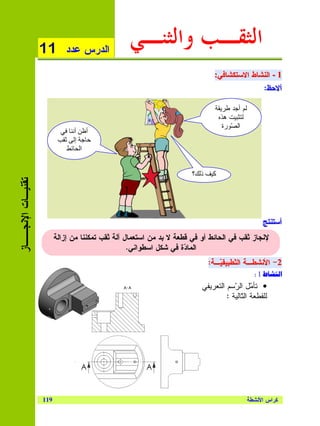 ‫11‬        ‫ﺍﻝﺩﺭﺱ ﻋﺩﺩ‬
                                                 ‫ﺍﻟﺜﻘـﺐ ﻭﺍﻟﺜﻨـﻲ‬
                                                                              ‫1 - ﺍﻝﻨﺸﺎﻁ ﺍﻻﺴﺘﻜﺸﺎﻓﻲ:‬
                                                                              ‫1 - ﺍﻝﻨﺸﺎﻁ ﺍﻻﺴﺘﻜﺸﺎﻓﻲ:‬
                                                                                            ‫ﺃﻻﺤﻅ::‬
                                                                                              ‫ﺃﻻﺤﻅ‬

                                                                              ‫ﻝﻡ ﺃﺠﺩ ﻁﺭﻴﻘﺔ‬
                                                                               ‫ﻝﺘﺜﺒﻴﺕ ﻫﺫﻩ‬
                                                                                 ‫ﺍﻝ ‪‬ﻭﺭﺓ‬
                                                                                    ‫ﺼ‬
                               ‫أ‬       ‫أ‬
                               ‫إ‬
                                   ‫ا‬


                                                                      ‫ذ ؟‬    ‫آ‬
‫ﺘﻘﻨﻴـﺎﺕ ﺍﻹﻨﺠــﺎﺯ‬




                                                                                                  ‫ﺃﺴﺘﻨﺘﺞ‬
                                                                                                  ‫ﺃﺴﺘﻨﺘﺞ‬
                         ‫ﻹﻨﺠﺎﺯ ﺜﻘﺏ ﻓﻲ ﺍﻝﺤﺎﺌﻁ ﺃﻭ ﻓﻲ ﻗﻁﻌﺔ ﻻ ﺒﺩ ﻤﻥ ﺍﺴﺘﻌﻤﺎل ﺁﻝﺔ ﺜﻘﺏ ﺘﻤﻜﻨﻨﺎ ﻤﻥ ﺇﺯﺍﻝﺔ‬
                                                  ‫ﺍﻝﻤﺎ ‪‬ﺓ ﻓﻲ ﺸﻜل ﺍﺴﻁﻭﺍﻨﻲ.‬
                                                                    ‫ﺩ‬
                                                                            ‫2- ﺍﻷﻨﺸﻁـﺔ ﺍﻝﺘﹼﻁﺒﻴﻘﻴ‪‬ـﺔ::‬
                                                                                ‫ﺘ ﻴ‬
                                                                              ‫2- ﺍﻷﻨﺸﻁـﺔ ﺍﻝ ﹼﻁﺒﻴﻘ ‪‬ـﺔ‬
                                                                                               ‫ط1‪W‬‬         ‫א‬
                                                                         ‫• ﺘﺄ ‪‬ل ﺍﻝ ‪‬ﺴﻡ ﺍﻝﺘﻌﺭﻴﻔﻲ‬
                                                                                     ‫ﻤ ﺭ‬
                                                                                  ‫ﻝﻠﻘﻁﻌﺔ ﺍﻝﹼﺎﻝﻴﺔ :‬
                                                                                        ‫ﺘ‬




                   ‫911‬                                                                       ‫ﻜﺭﺍﺱ ﺍﻷﻨﺸﻁﺔ‬
 