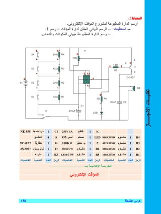 ‫ط 2‪W‬‬          ‫א‬
                                   ‫ﺃﺭﺴﻡ ﺍﻝﺩﺍﺭﺓ ﺍﻝﻤﻁﺒﻭﻋﺔ ﻝﻤﺸﺭﻭﻉ ﺍﻝﻤﺅﻗﺕ ﺍﻹﻝﻜﺘﺭﻭﻨﻲ.‬
                    ‫ـ ﺍﻝﻤﻌﻁﻴﺎﺕ: ـ ﺍﻝﺭﺴﻡ ﺍﻝﺒﻴﺎﻨﻲ ﺍﻝﻤﻘﹼﻥ ﻝﺩﺍﺭﺓ ﺍﻝﻤﺅﻗﺕ – ﺭﺴﻡ 1.‬
                                            ‫ﻨ‬
                  ‫ـ ﺭﺴﻡ ﺍﻝﺩﺍﺭﺓ ﺍﻝﻤﻁﺒﻭﻋﺔ ﺠﻬﺘﻲ ﺍﻝﻤﻜﻭﻨﺎﺕ ﻭﺍﻝﻨﺤﺎﺱ.‬




                                                                                                                                                   ‫ﺘﻘﻨﻴـﺎﺕ ﺍﻻﻨﺠــﺎﺯ‬
‫ﺩﺍﺭﺓ ﻤﺩﻤﺠﺔ 555 ‪NE‬‬       ‫1‬            ‫‪CI‬‬            ‫‪250V 1A‬‬                      ‫ﻗﺎﻁﻊ‬             ‫1‬     ‫‪K‬‬
            ‫ﻗﺎﻁـﻊ‬       ‫4‬             ‫‪S‬‬            ‫ﺃﺤﻤﺭ 5‪Ø‬‬                      ‫ﺼﻤﺎﻡ‬             ‫1‬   ‫ﻤﻘـﺎﻭﻡ ‪LED 806KΩ¼W‬‬
                                                                                                             ‫‪Ω‬‬                    ‫1‬     ‫4‪R‬‬
‫22‪9V 6F‬‬     ‫ﺒﻁﺎﺭ ‪‬ﺔ‬
             ‫ﻴ‬          ‫1‬             ‫‪G‬‬               ‫‪Ω‬‬
                                                  ‫‪100KΩ‬‬                      ‫ﻡ. ﻤﺘﻐ ‪‬ﺭ‬
                                                                              ‫ﻴ‬                  ‫1‬     ‫‪P‬‬   ‫‪402KΩ¼W‬‬
                                                                                                               ‫‪Ω‬‬        ‫ﻤﻘـﺎﻭﻡ‬    ‫1‬     ‫3‪R‬‬
‫ﺘﺭﻨﺯﻴﺴﺘﻭﺭ 7092‪2N‬‬        ‫1‬            ‫‪Tr‬‬           ‫‪330Ω¼ W‬‬
                                                     ‫‪Ω‬‬                        ‫ﻤﻘـﺎﻭﻡ‬             ‫1‬    ‫6‪R‬‬   ‫‪200KΩ¼W‬‬
                                                                                                               ‫‪Ω‬‬        ‫ﻤﻘـﺎﻭﻡ‬    ‫1‬     ‫2‪R‬‬
            ‫ﻤﻨﺒـﻪ‬       ‫1‬           ‫‪BZ 1.8MΩ¼W‬‬
                                           ‫‪Ω‬‬                                  ‫ﻤﻘـﺎﻭﻡ‬             ‫1‬    ‫5‪R‬‬   ‫‪100KΩ¼W‬‬
                                                                                                               ‫‪Ω‬‬        ‫ﻤﻘـﺎﻭﻡ‬    ‫1‬     ‫1‪R‬‬
‫ﺍﻝﺨﺎﺼ ‪‬ﺎﺕ‬
  ‫ﻴ‬         ‫ﺍﻝﺘﺴﻤ ‪‬ﺔ‬
             ‫ﻴ‬         ‫ﺍﻝﺭﻤﺯ ﺍﻝﻌﺩﺩ‬                 ‫ﺍﻝﺨﺎﺼ ‪‬ﺎﺕ‬
                                                     ‫ﻴ‬                        ‫ﺍﻝﺭﻤﺯ ﺍﻝﻌﺩﺩ ﺍﻝ ﹼﺴﻤﻴﺔ‬
                                                                                  ‫ﺘ‬                         ‫ﺍﻝﺨﺎﺼ ‪‬ﺎﺕ‬
                                                                                                              ‫ﻴ‬         ‫ﺍﻝﺭﻤﺯ ﺍﻝﻌﺩﺩ ﺍﻝ ﹼﺴﻤﻴﺔ‬
                                                                                                                            ‫ﺘ‬
                            ‫...............................................................‬   ‫ﺍﻝﻤﺩﺭﺴـﺔ ﺍﻹﻋﺩﺍﺩﻴـﺔ ﺒـ‬

                                                                 ‫ﺍﻝﻤﺅﻗﺕ ﺍﻹﻝﻜﺘﺭﻭﻨﻲ‬




‫831‬                                                                                                                           ‫ﻜﺭﺍﺱ ﺍﻷﻨﺸﻁﺔ‬
 