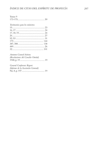 207
ÍnDIce De cItAS Del eSPÍRItU De PROFecÍA
Tomo 9
173-175............................................ 59
testimonios para los ministros
15..................................................... 23
16, 17 ............................................... 24
17, 18, 19.......................................... 24
26..................................................... 27
52, 53 ............................................... 31
179................................................. 144
387, 388.......................................... 138
489................................................... 26
32................................................... 101
Autumn council Actions
(Resoluciones del concilio Otoñal)
1948, p. 19 ........................................ 19
general conference Report
(Informe de la Asociación general)
No. 8, p. 197 ..................................... 19
 