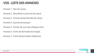 COMMA
N
YA
Août 2024
VIII. LISTE DES ANNEXES
35
Annexe 1 : Bon de caisse
Annexe 2 : Brouillard ou Journal de caisse
Annexe 3 : Procès-verbal d’arrêté de caisse
Annexe 4 : Journal de banque
Annexe 5 : Fichier de suivi des chèques émis
Annexe 6 : Fiche de demande de congés
Annexe 7 : Fiche d’autorisation d’absence
 